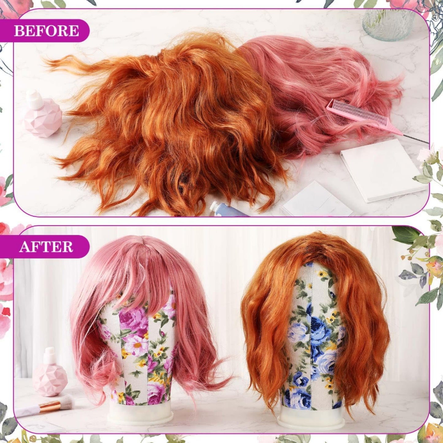 White Smoke DoubleFill 2-Piece Mannequin Heads for Wigs - 22 Inch Canvas Wig Heads with Mount Hole Pins & 2 C Clamp Stand Holder for Lace Wig Making & Display (Floral)