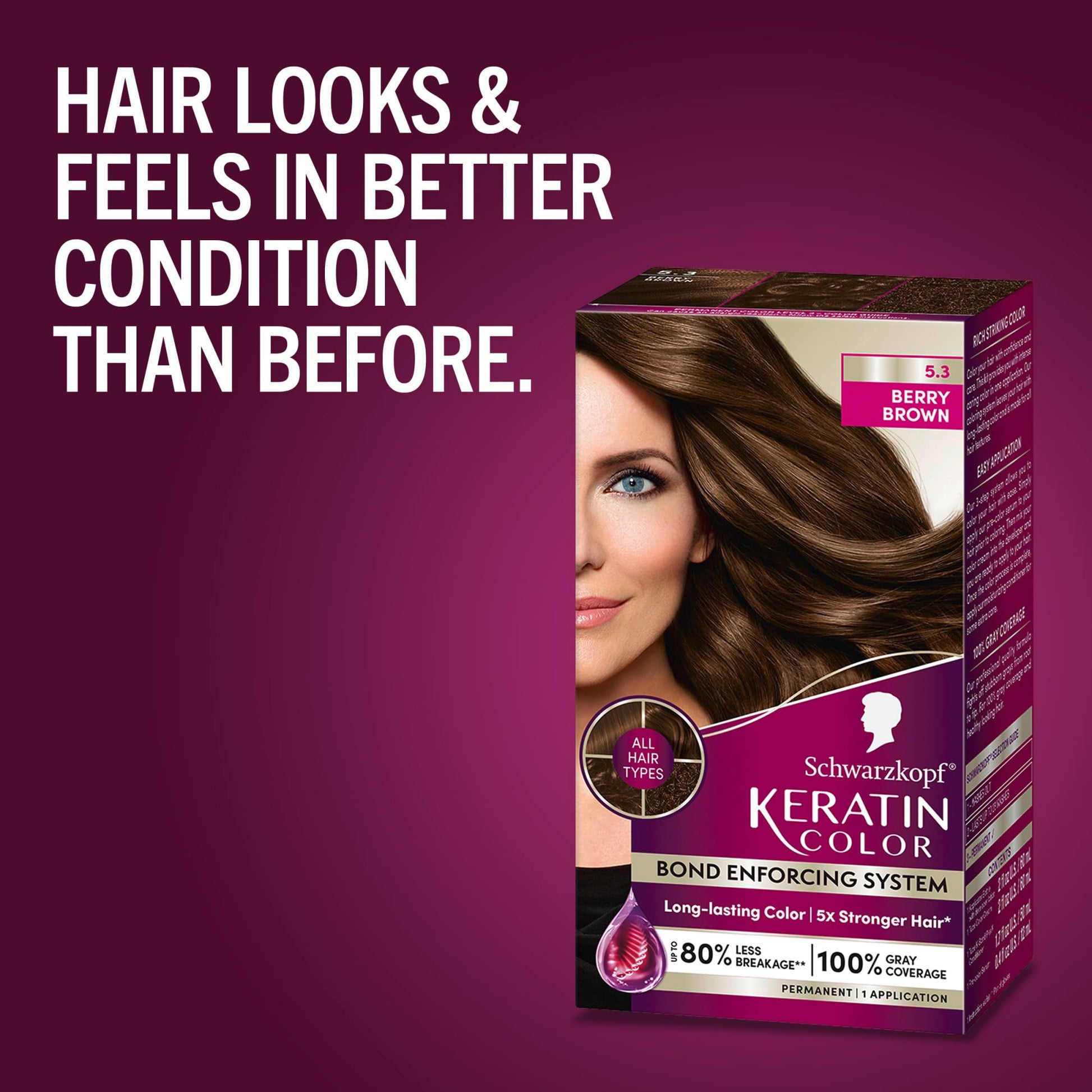 Dark Red Schwarzkopf Keratin Permanent Hair Dye Cream, 5.3 Berry Brown, Professional Quality Color for Up to 100% Gray Coverage, Bond Enforcing System