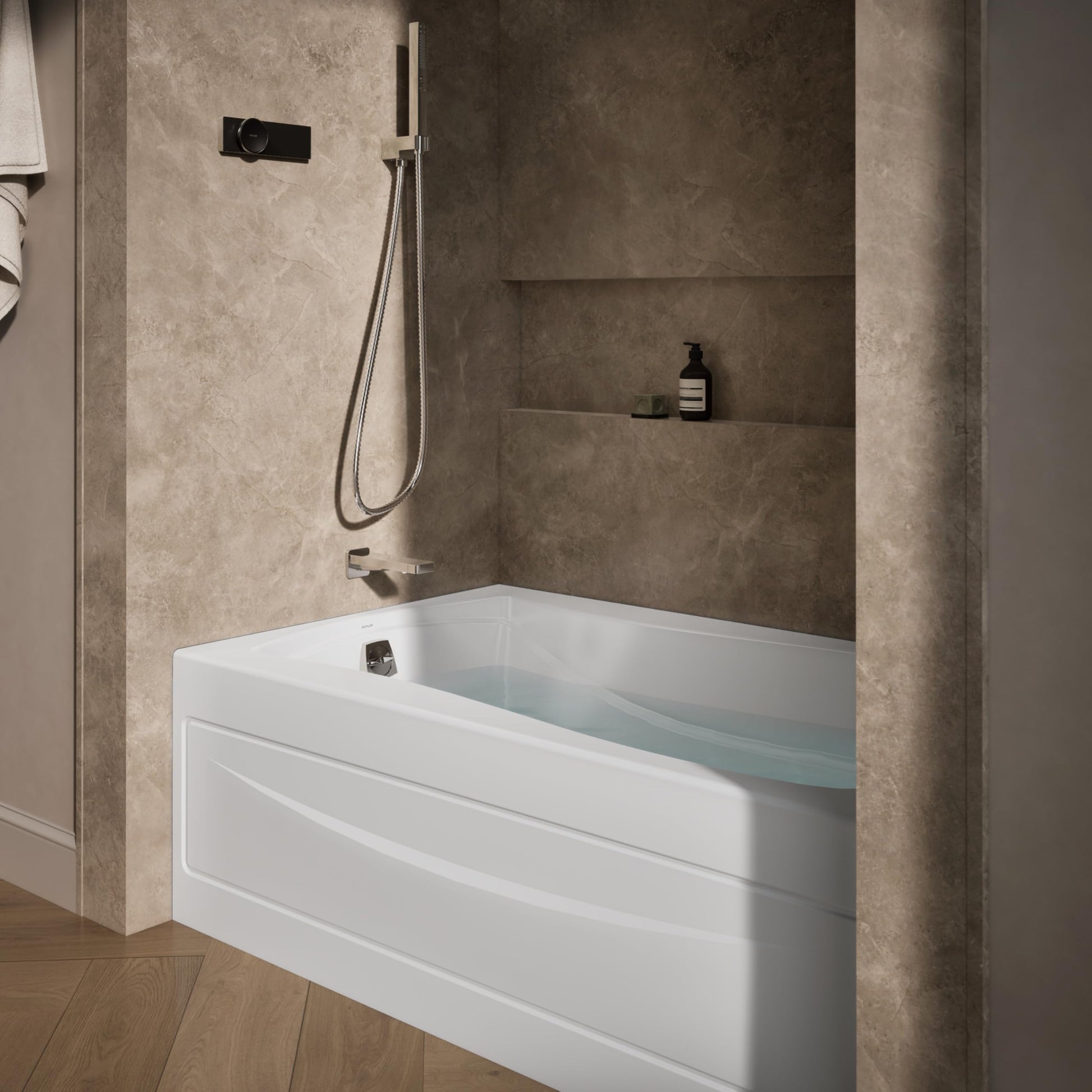 Dark Olive Green KOHLER 1242-LA-0 Mariposa 60" x 36" Acrylic Alcove Bathtub with Left-Hand Drain and Integral Flange, White