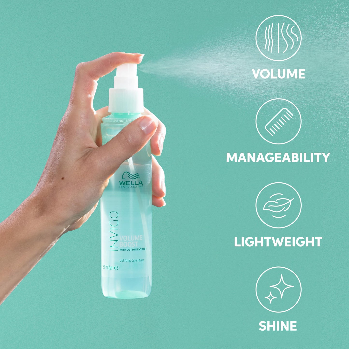 Medium Aquamarine Wella Professionals Invigo Volume Boost Uplifting Care Mist | Added Volume for Fine Hair | Lightweight Care, Shine, Fullness & Light Control | 5.07 Fl Oz