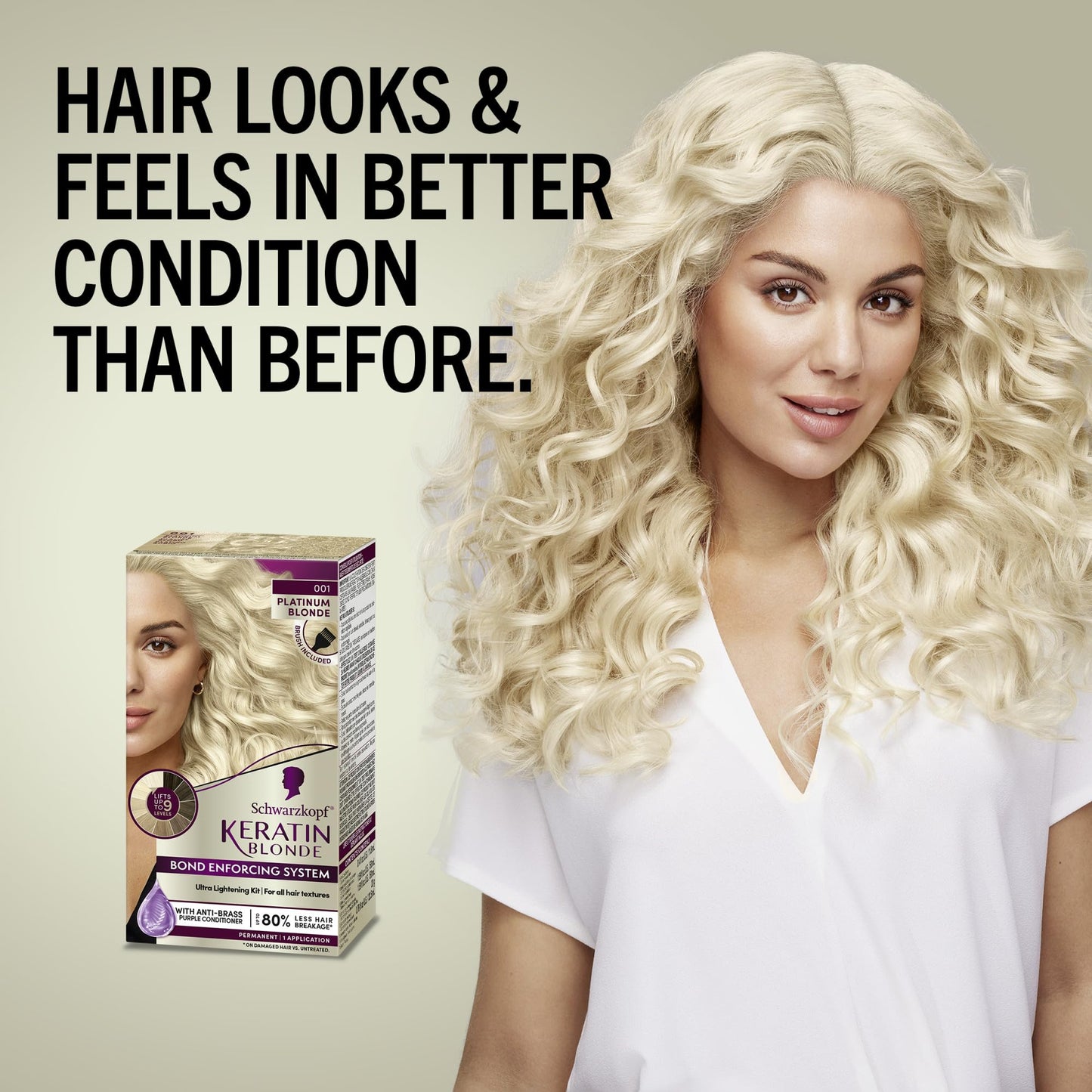 Lavender Schwarzkopf Keratin Blonde Hair Dye, 001 High Lift Platinum Blonde, Professional Quality Permanent Hair Color, Bond Enforcing System, Pre-Color Serum & Purple Conditioner Included