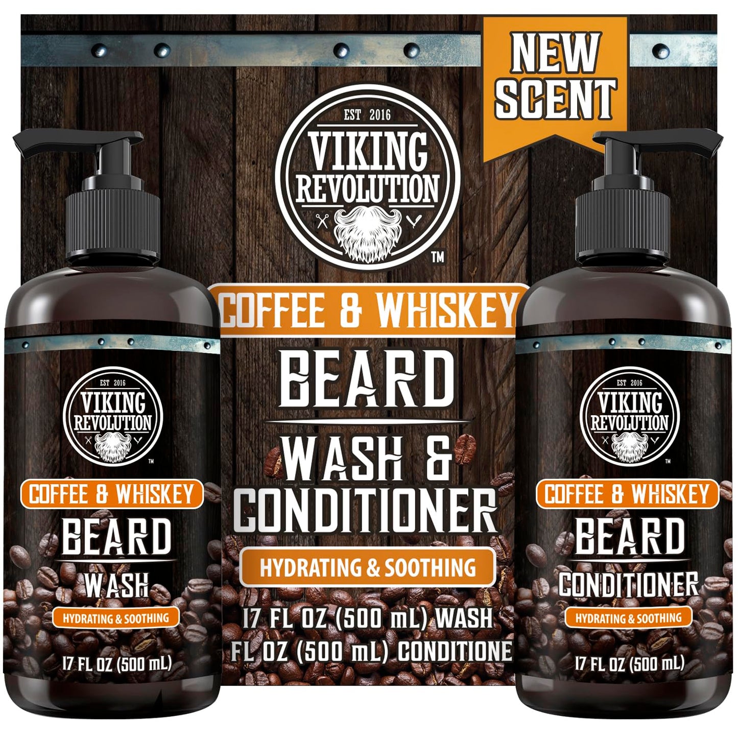 Black Viking Revolution Coffee Whiskey Beard Wash and Beard Conditioner Set with Argan and Jojoba Oils - Softens and Strengthens - Coffee Whiskey Scent - Beard Shampoo with Ginseng Root Extract (17 oz)