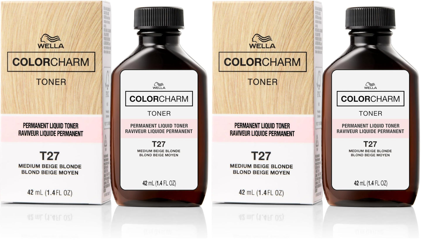 White Smoke WELLA colorcharm Hair Toner, Neutralize Brass With Liquifuse Technology, T27 Medium Beige Blonde, 1.4 oz (Pack of 2)