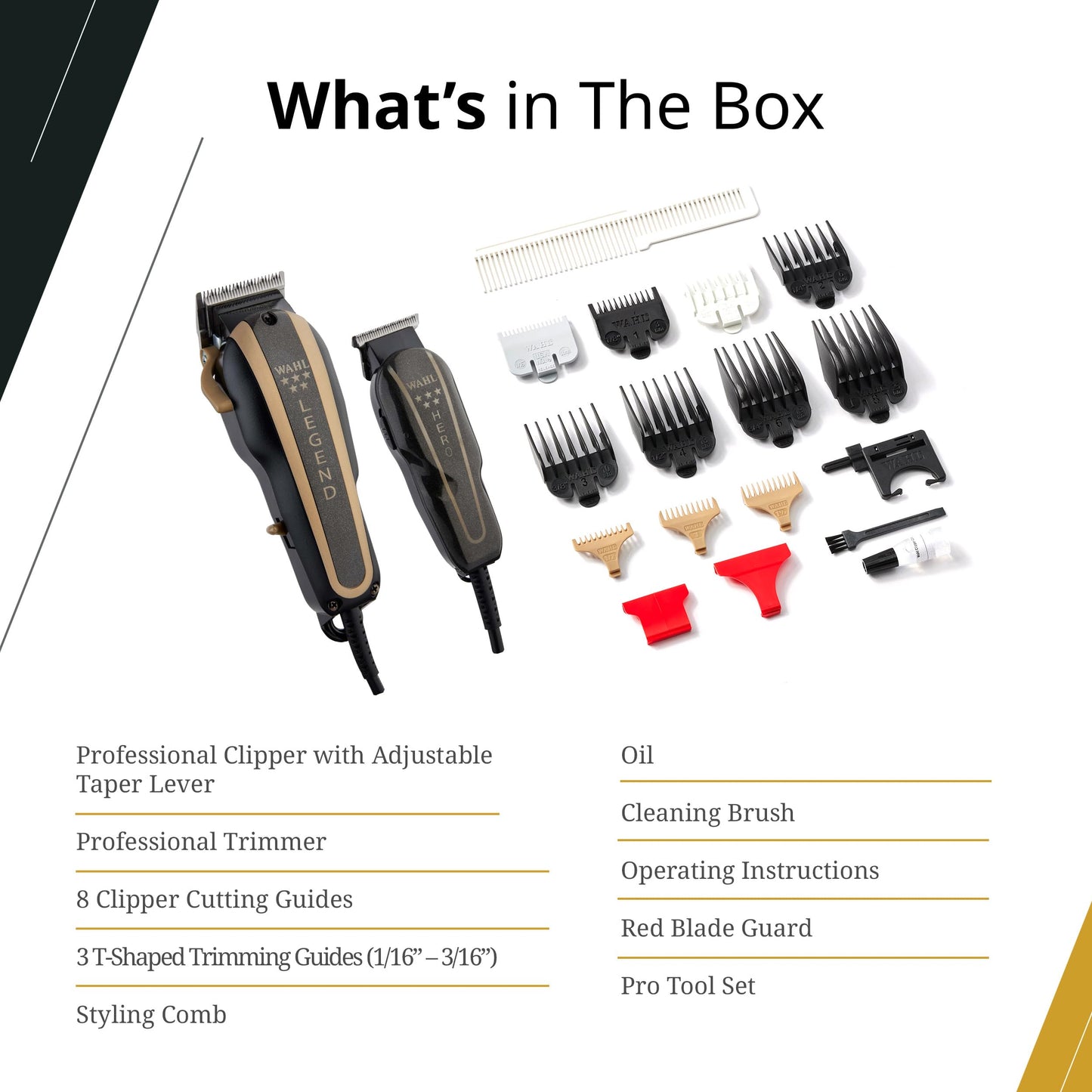 White Smoke Wahl Professional 5-Star Barber Combo, Corded Legend Clipper & Hero T-Blade Trimmer Set, Black/Gold Finish