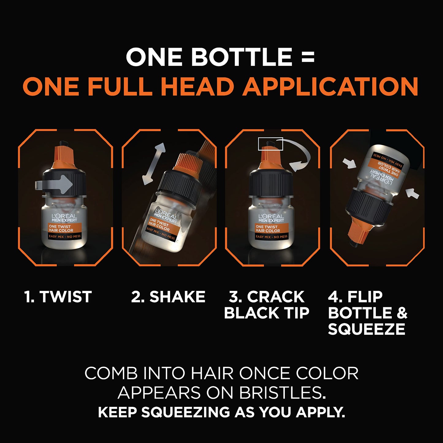 Black L’Oreal Paris Men Expert One Twist Mess Free Permanent Hair Color, Mens Hair Dye to Cover Grays, Easy Mix Ammonia Free Application, Real Black 02, 1 Application Kit