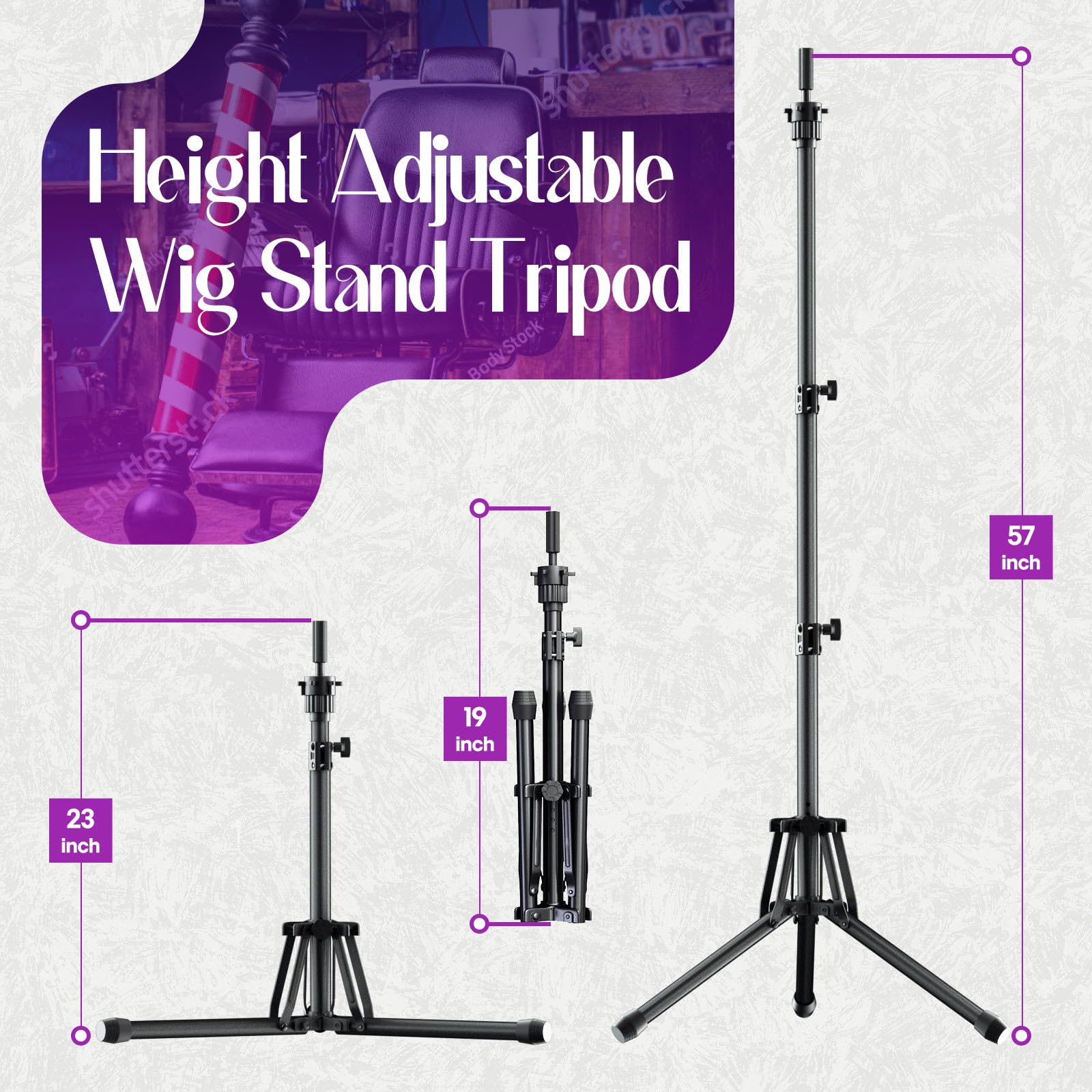 Lavender ORWOD Wig Head Stand Adjustable Height - Upgrade Wig Tripod Stand with Reinforced Tool Tray , Foldable Mannequin Head Stand for Beauty and Hairdressing Styling Training (Additional 1 Free Accessory)