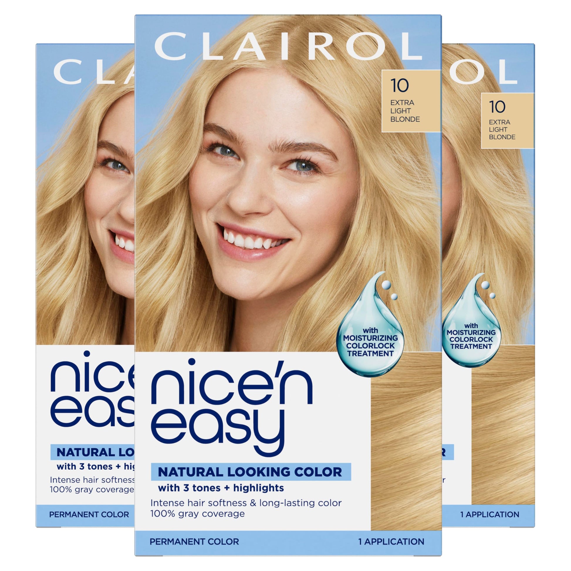White Smoke Clairol Nice'n Easy Permanent Hair Dye, 10 Extra Light Blonde Hair Color, Pack of 3 - Packaging May Vary