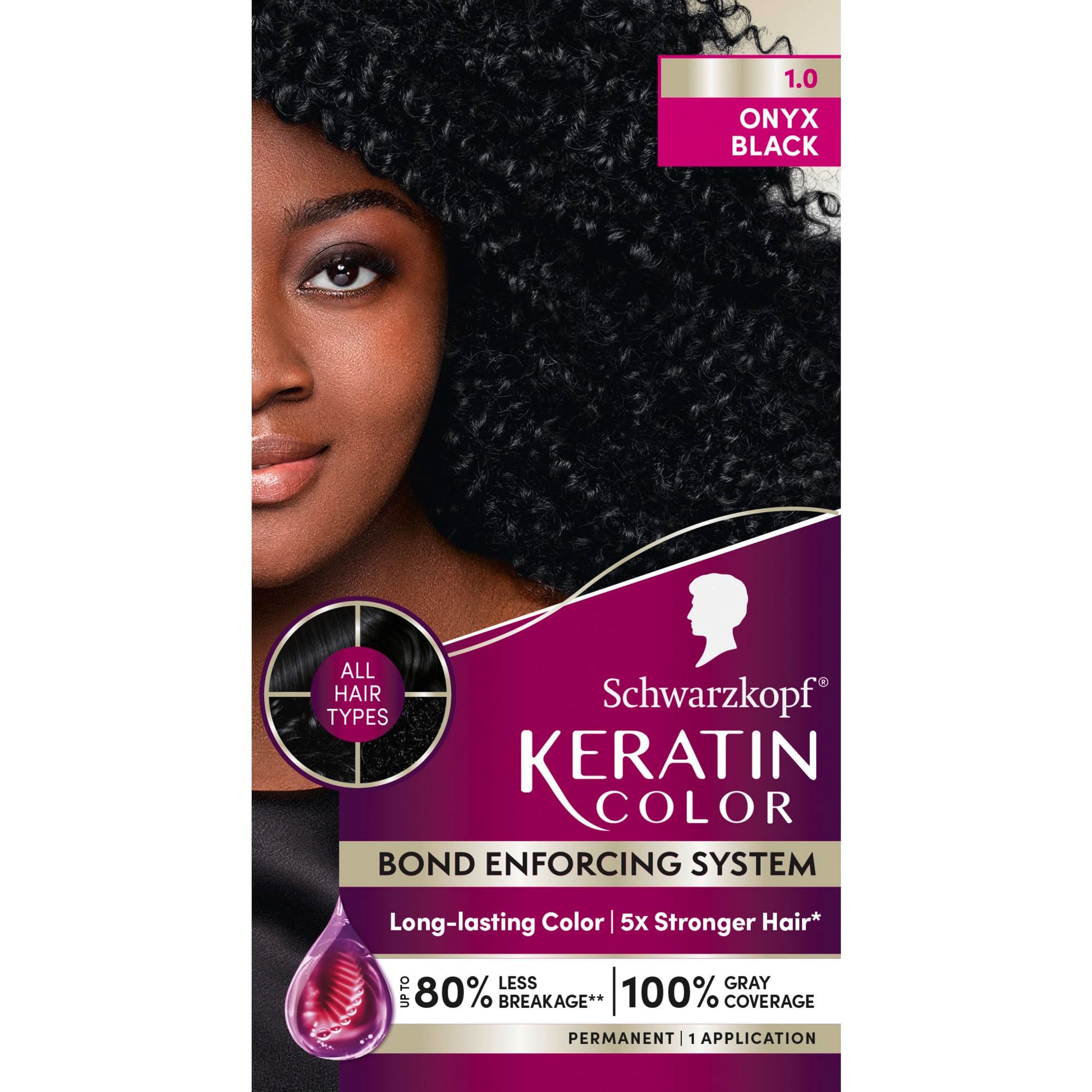 Black Schwarzkopf Keratin Permanent Hair Dye Cream, 1.0 Black Onyx, Professional Quality Color for Up to 100% Gray Coverage, Bond Enforcing System
