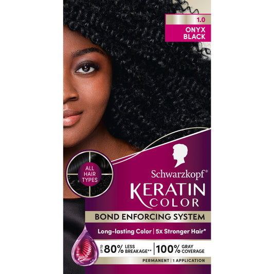 Black Schwarzkopf Keratin Permanent Hair Dye Cream, 1.0 Black Onyx, Professional Quality Color for Up to 100% Gray Coverage, Bond Enforcing System
