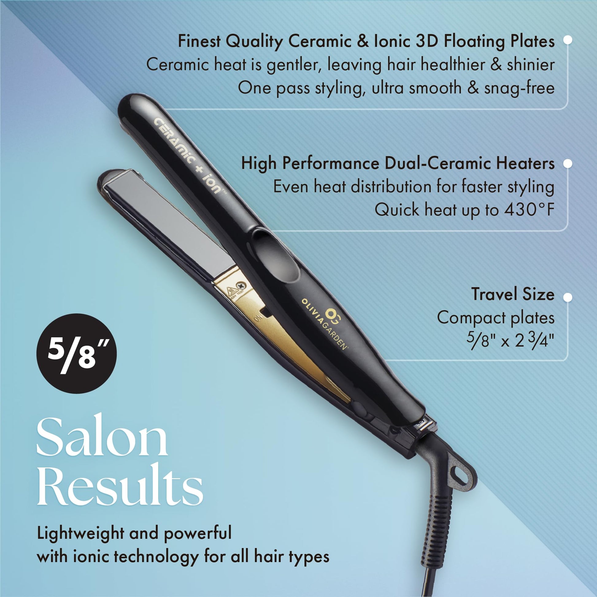 Light Steel Blue Olivia Garden Ceramic + Ion Professional Travel Flat Iron - Dual Voltage Hair Straightener with Compact 3D Floating Plates - Heats Up to 430°F - Ideal for Short Hair