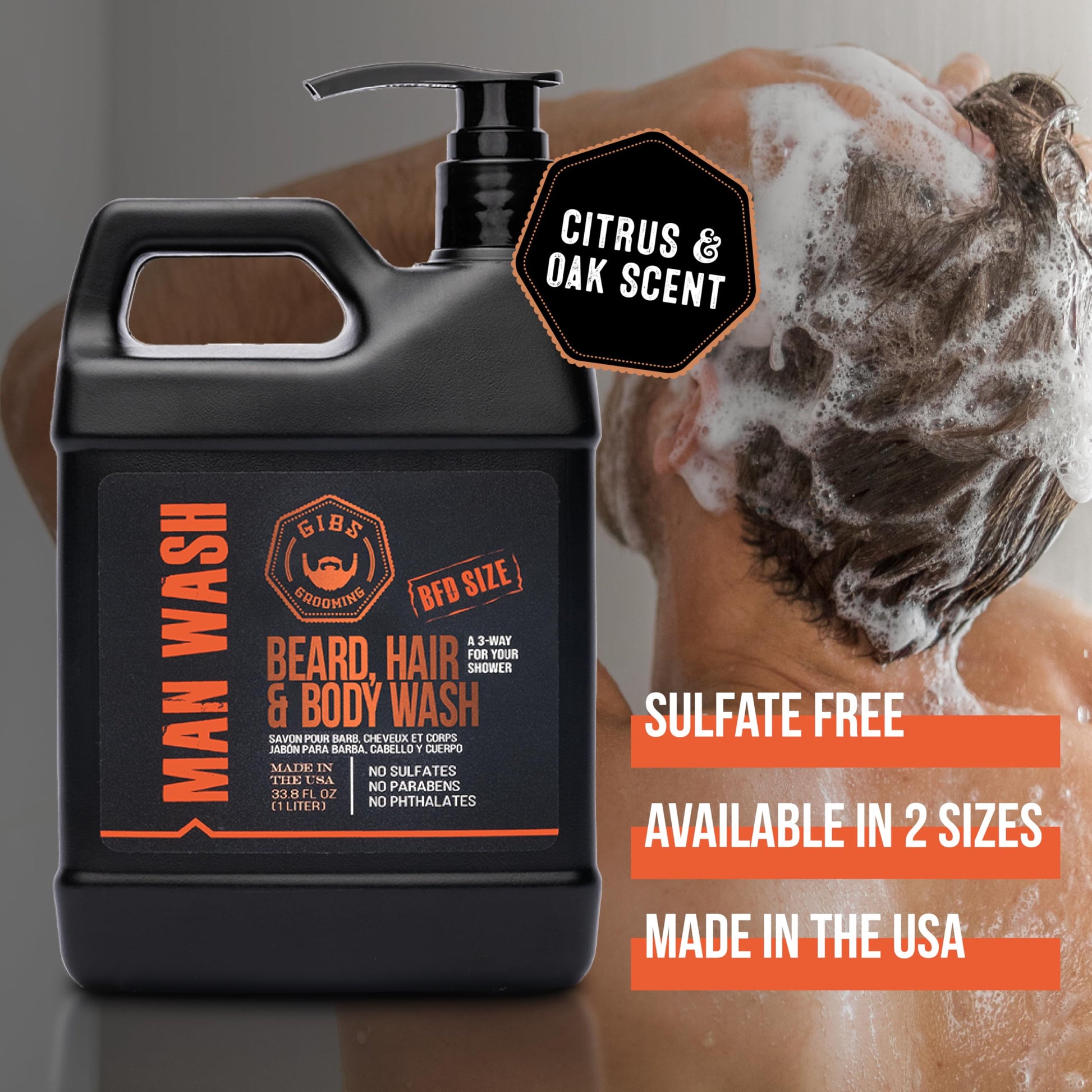 Dark Slate Gray GIBS Grooming - Original Man Wash (33.8 fl oz) 3-in-1 Beard, Hair, Body Soap - Citrus, Oak, Basil Scent - Sulfate Free - Tea Tree Oil, Hemp Oil, Protein - Mens Body Wash & Mens Shampoo - Made in USA
