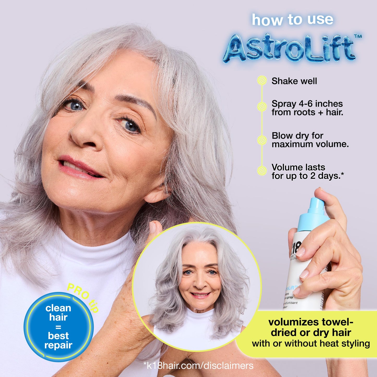 Light Gray K18 AstroLift™ Reparative Volume Spray, 2-Day Hair Thickening + Hold For Thin, Fine, Fragile Hair, Non-Sticky, Non-Crunchy, Humidity-Resistant Volumizing Spray, 4 Fl Oz