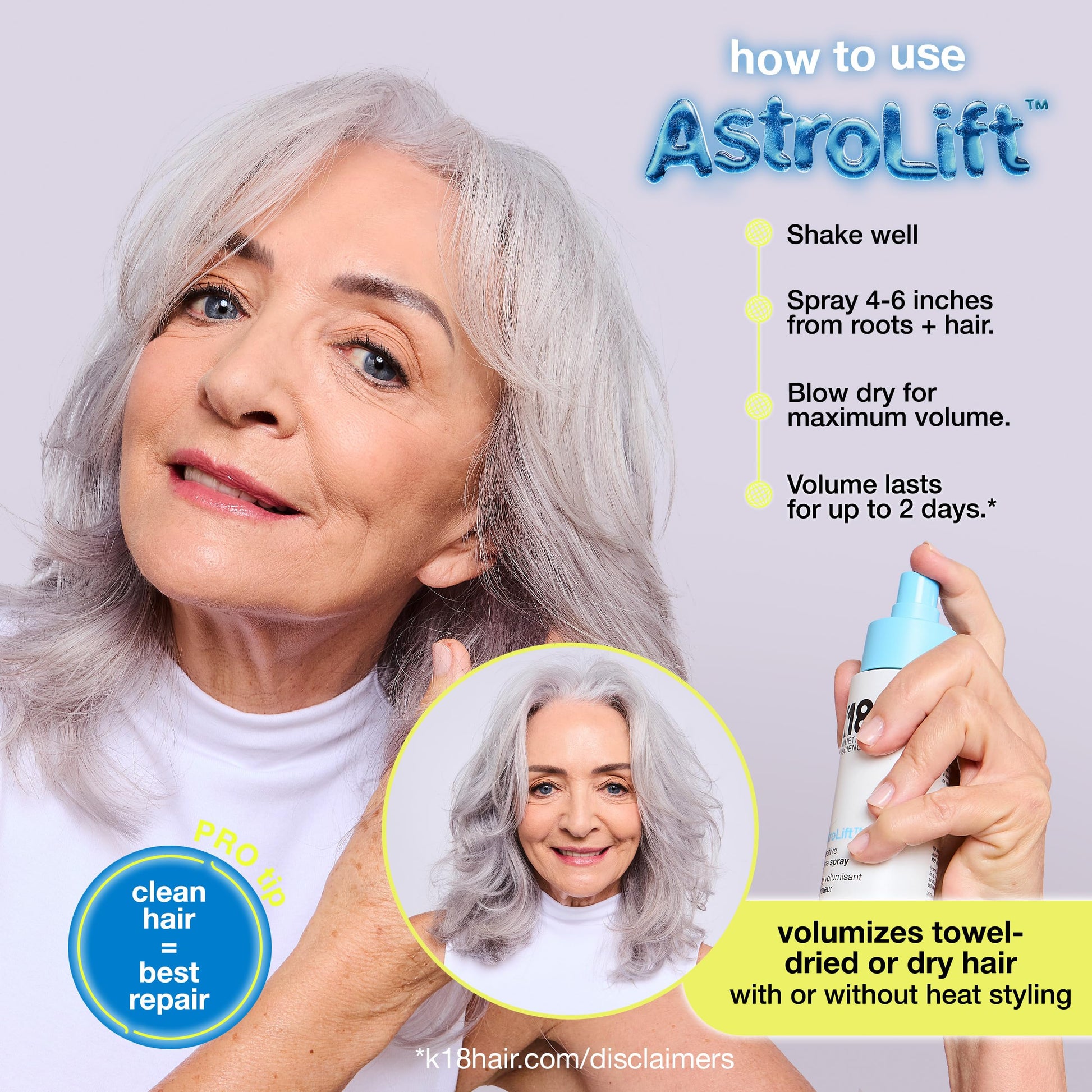 Light Gray K18 AstroLift™ Reparative Volume Spray, 2-Day Hair Thickening + Hold For Thin, Fine, Fragile Hair, Non-Sticky, Non-Crunchy, Humidity-Resistant Volumizing Spray, 4 Fl Oz
