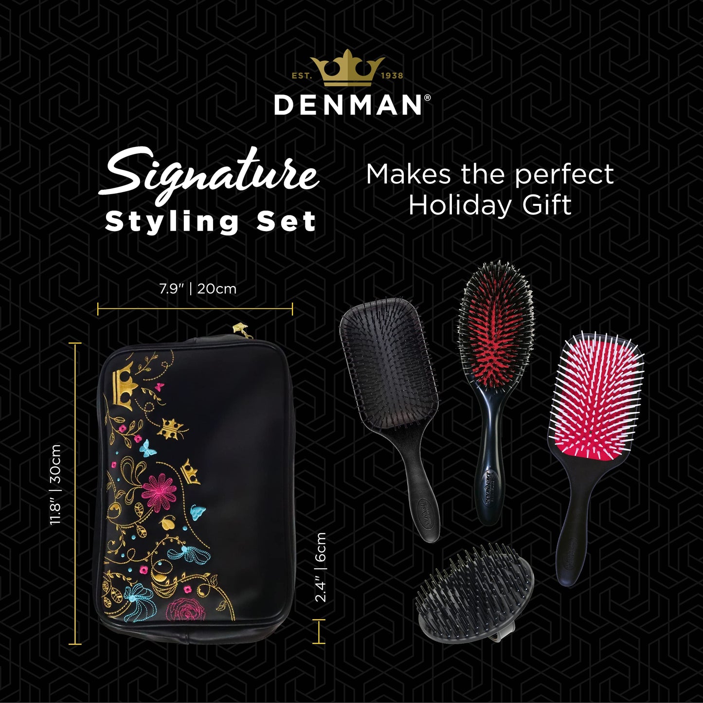Black Denman Signature Styling Set - the ultimate hair brush gift set for detangling, styling and smoothing hair