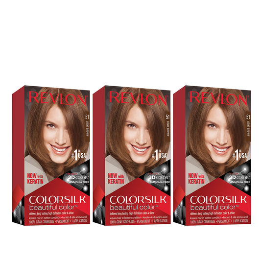 Brown Revlon Permanent Hair Color, Permanent Hair Dye, Colorsilk with 100% Gray Coverage, Ammonia-Free, Keratin and Amino Acids, 51 light Brown, 4.4 Oz (Pack of 3)