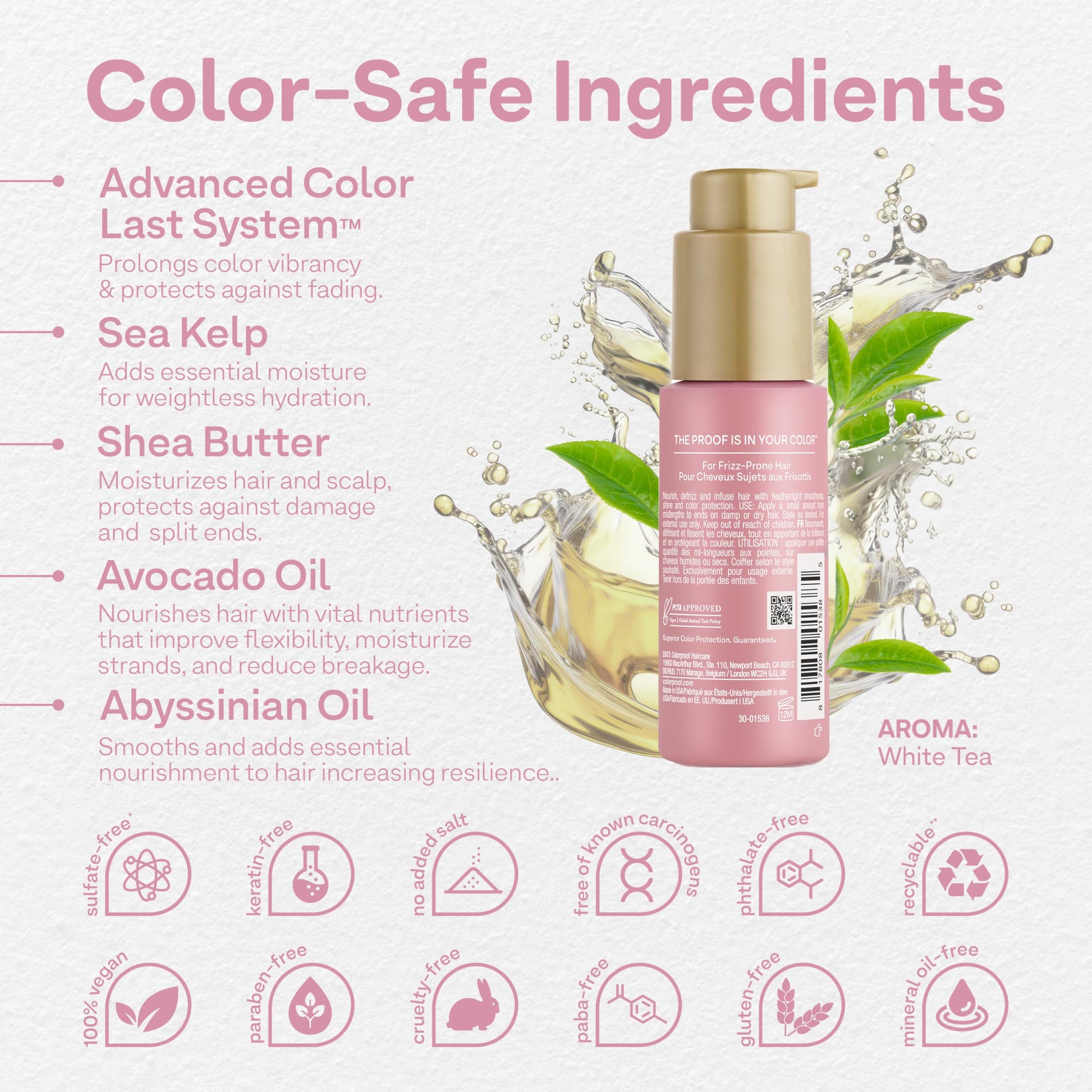 Lavender Colorproof Smooth Drops 1.86 Fl. Oz. Clear, Non-Greasy Anti-Frizz Hair Drops with a Frizz Elimination and Humidity-Resistant Formula, and Color Protection, White Tea Scent