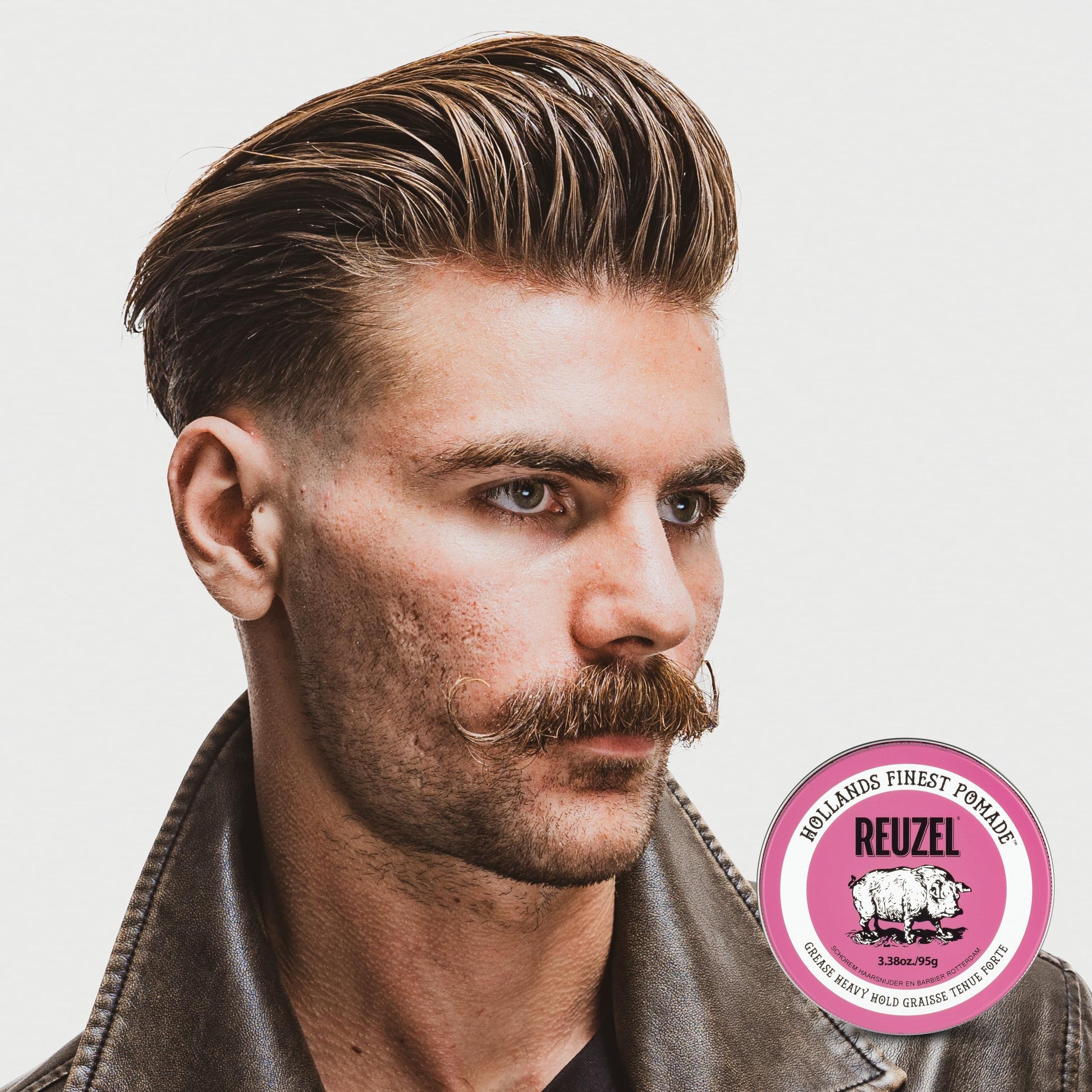 Lavender REUZEL Pink Grease Pomade, Strong All Day Hold, Oil-Based Styling Wax, Medium Shine, Easy To Wash Out, For All Hair Types