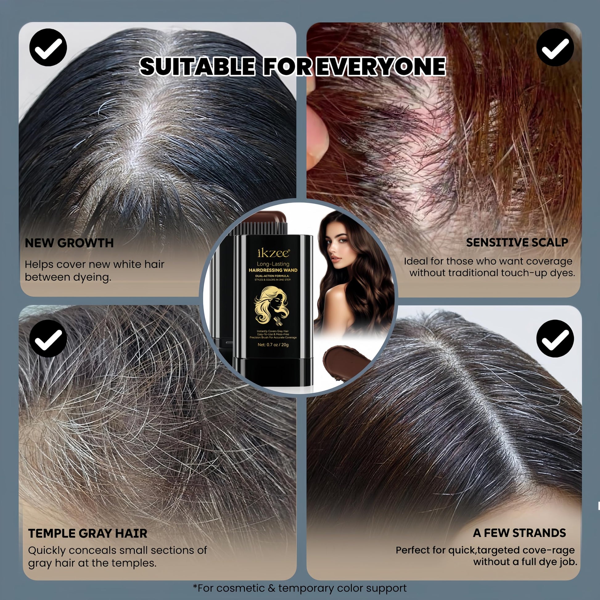 Dark Slate Gray Temporary Hair Dye Comb for Gray Hair Coverage, Disposable Hair Color Stick with Precision Brush, Advanced Non-Irritating & Smudge-Proof Formula, Quick Root & Sideburn Touch-Up (dark brown)