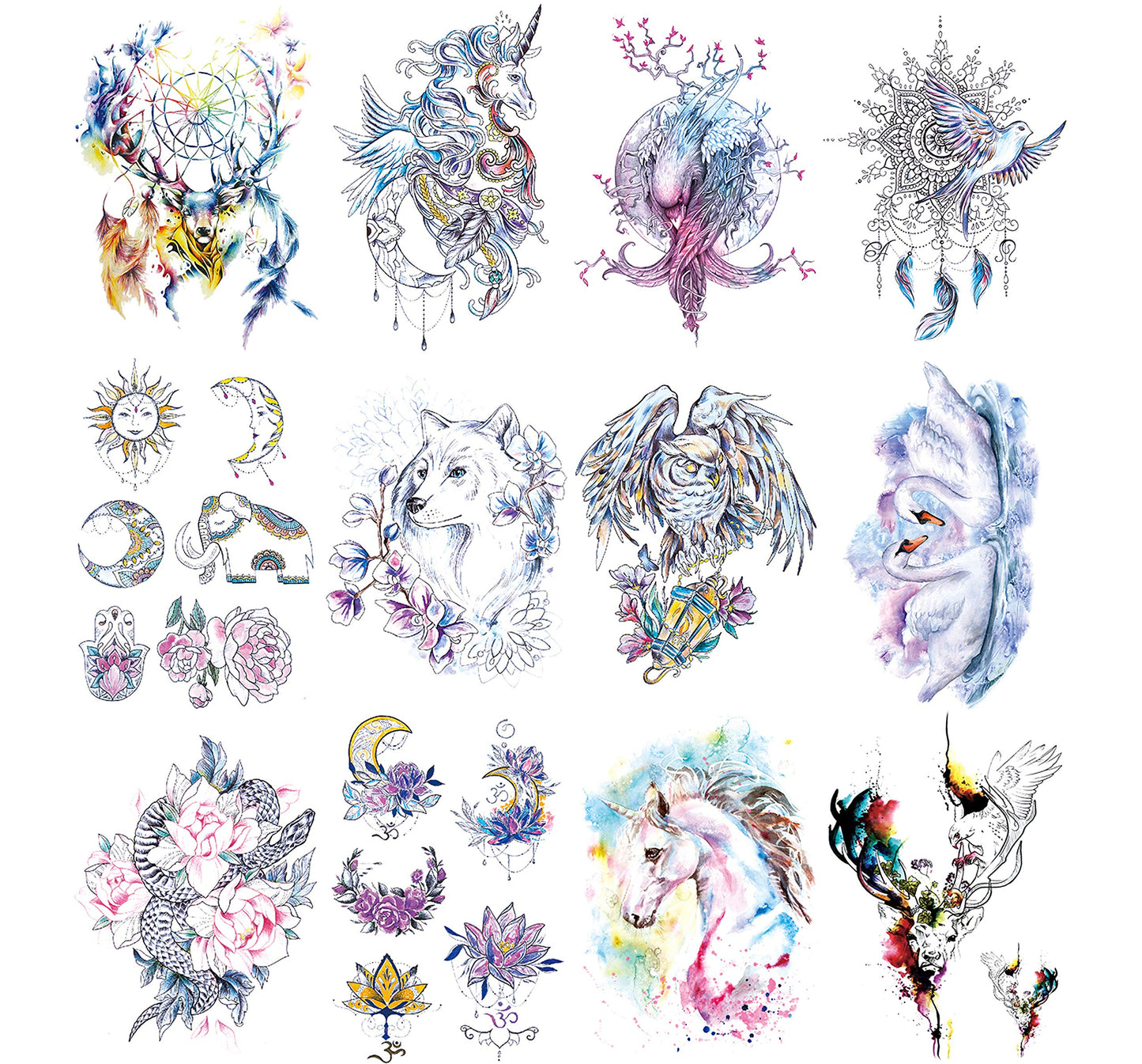 White Smoke Oottati 12 Sheets Fairy Tales Animal Temporary Tattoo Kit - 21x15cm Pink Unicorn Swan Bird Deer Elf Wolf Owl Eagle Tree Elephant Moon Sun Totem Flower Arm