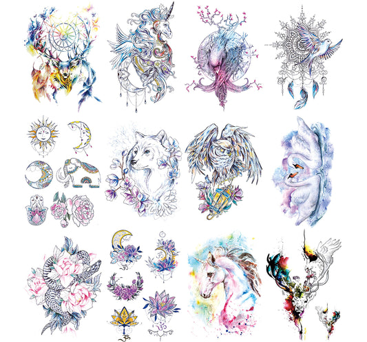 White Smoke Oottati 12 Sheets Fairy Tales Animal Temporary Tattoo Kit - 21x15cm Pink Unicorn Swan Bird Deer Elf Wolf Owl Eagle Tree Elephant Moon Sun Totem Flower Arm