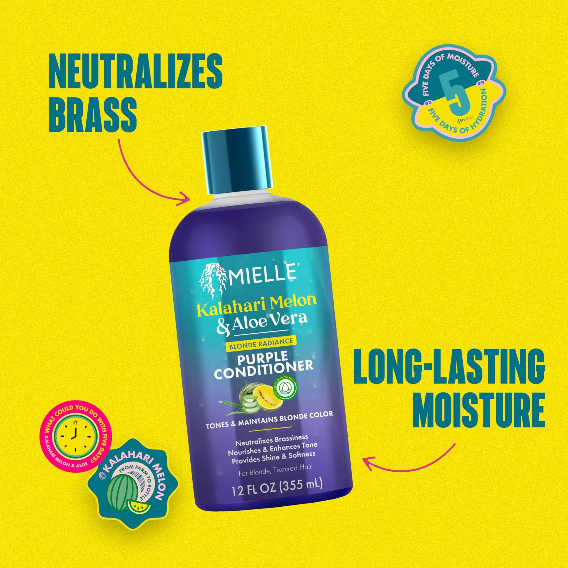 Gold Mielle Kalahari Melon & Aloe Vera Purple Conditioner, Blonde Radiance Toning Conditioner for Brassy Hair, Moisturizing & Color-Safe for Blonde & Textured Hair, Sulfate-Free, 12 Ounce