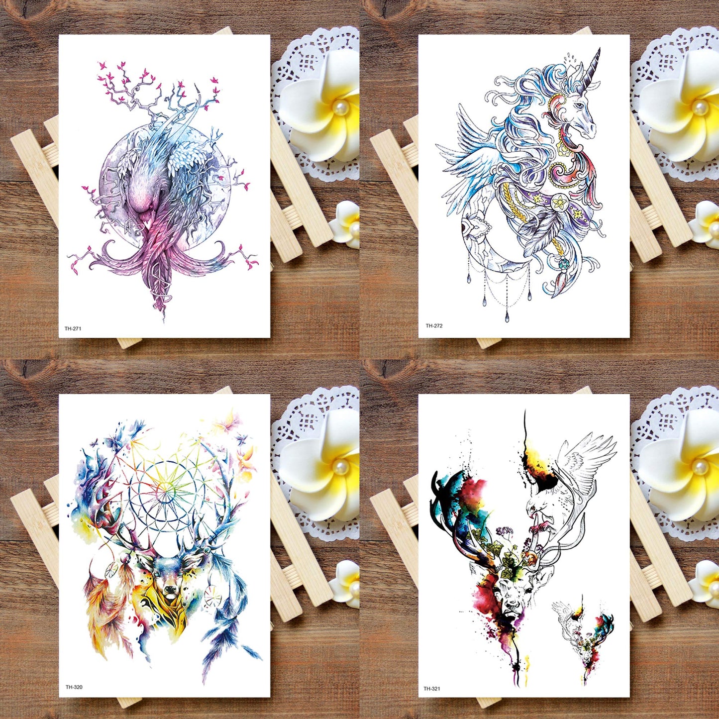 White Smoke Oottati 12 Sheets Fairy Tales Animal Temporary Tattoo Kit - 21x15cm Pink Unicorn Swan Bird Deer Elf Wolf Owl Eagle Tree Elephant Moon Sun Totem Flower Arm