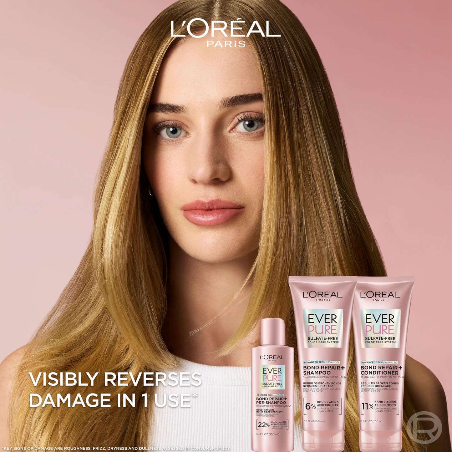 Tan L'Oreal Paris Sulfate Free Bond Repair+ Conditioner, Hair Conditioner with Bond + Amino Acid Complex, Strengthens and Repairs Damaged or Color Treated Hair, EverPure, 6.8 Fl Oz (Packaging May Vary)