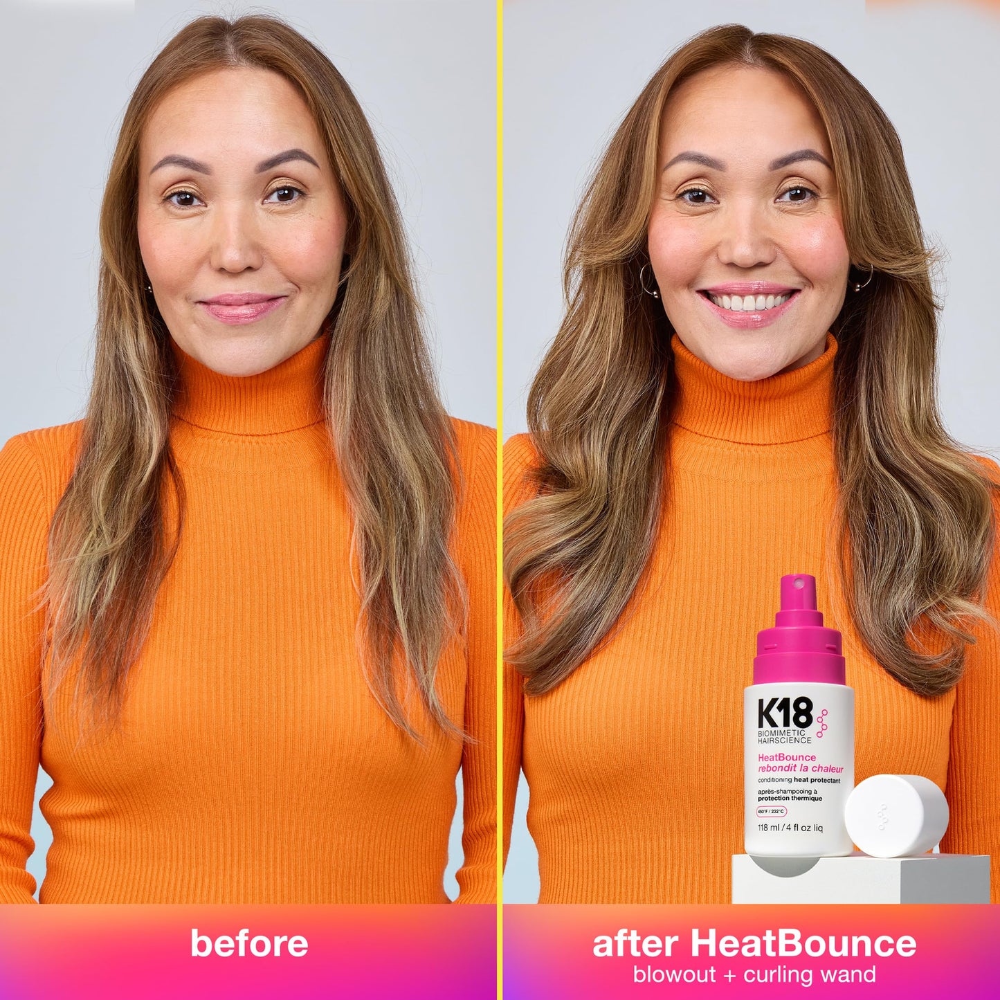 Light Gray K18 HeatBounce Conditioning Heat Protectant Spray, Lightweight Leave-In Conditioner + 450℉ (232°C) Heat Protection, Soften, Smooth + Detangle All Hair Types, 4 Fl Oz Liq