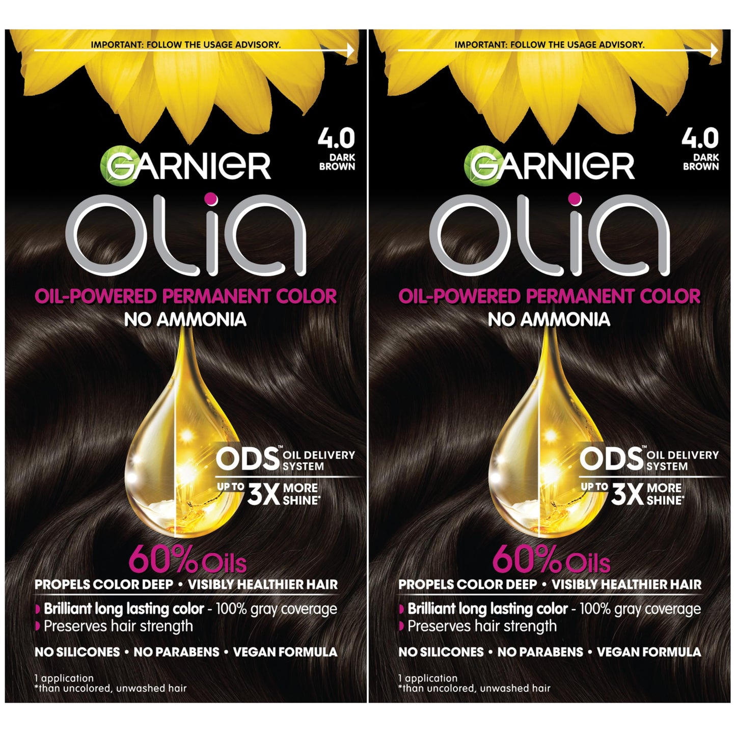 Black Garnier Olia Hair Color, Ammonia-Free Permanent Hair Dye, Oil-Powered Formula for 100% Gray Coverage and 3x Shinier Hair, Vegan & Cruelty Free, 4.0 Dark Brown, 2 Count