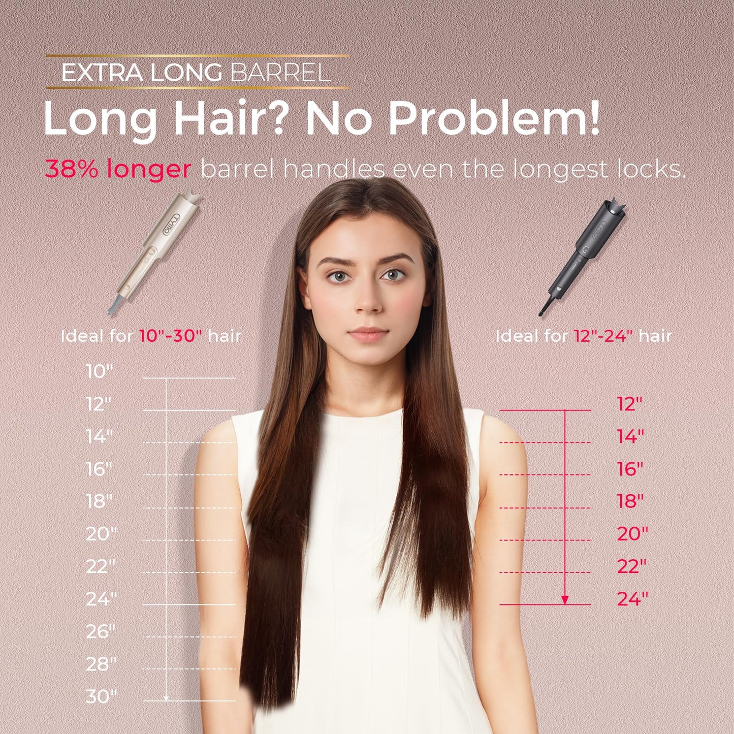 Gray TYMO CurlPro Plus Automatic Rotating Curling Iron - Upgraded Long Barrel Curling Wand for Long Hair, Ceramic Hair Curler for Women, Anti-Scald, Tangle-Free, 600M Ionic, Dual Voltage, Gold, 1 Inch