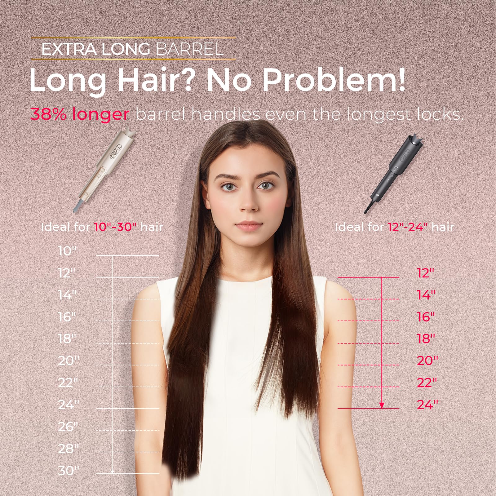 Gray TYMO CurlPro Plus Automatic Rotating Curling Iron - Upgraded Long Barrel Curling Wand for Long Hair, Ceramic Hair Curler for Women, Anti-Scald, Tangle-Free, 600M Ionic, Dual Voltage, Gold, 1 Inch