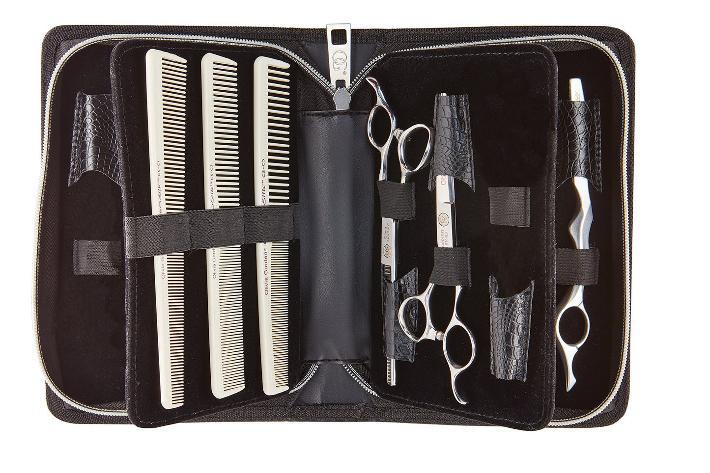 Black Olivia Garden Shear Case with SilkCutPRO Shears - Hair Tool Organizer for Combs, Scissors, Barber Supplies - Holds 9 Shears - Professional Hairstylist Travel Bag - 5"SIZE - 9 Shears