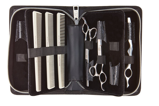Black Olivia Garden Shear Case with SilkCutPRO Shears - Hair Tool Organizer for Combs, Scissors, Barber Supplies - Holds 9 Shears - Professional Hairstylist Travel Bag - 5"SIZE - 9 Shears