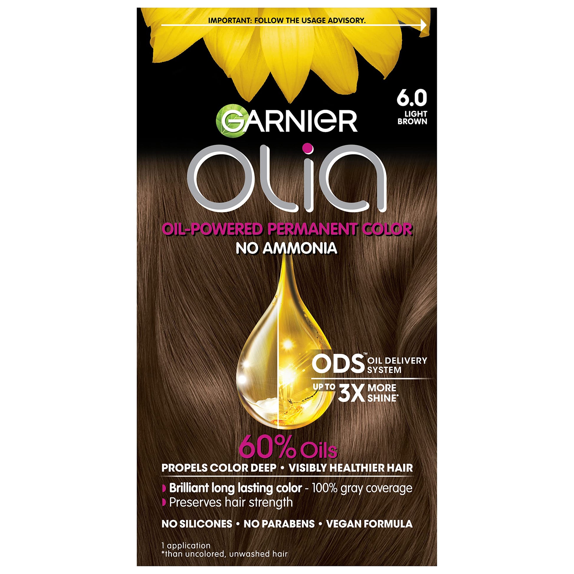 Black Garnier Olia Hair Color, Ammonia-Free Permanent Hair Dye, Oil-Powered Formula for 100% Gray Coverage and 3x Shinier Hair, Vegan & Cruelty Free, 6.0 Light Brown, 1 Count