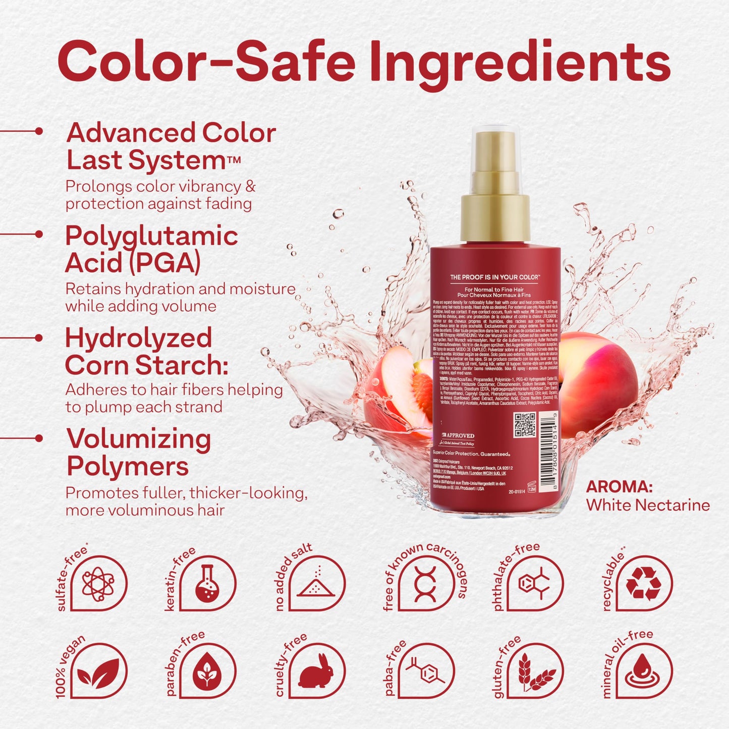 Misty Rose Colorproof Volume Blow Dry Spray Primer 6.7 Fl. Oz. Volumizing Heat Protection Spray for Hair, White Nectarine Scent
