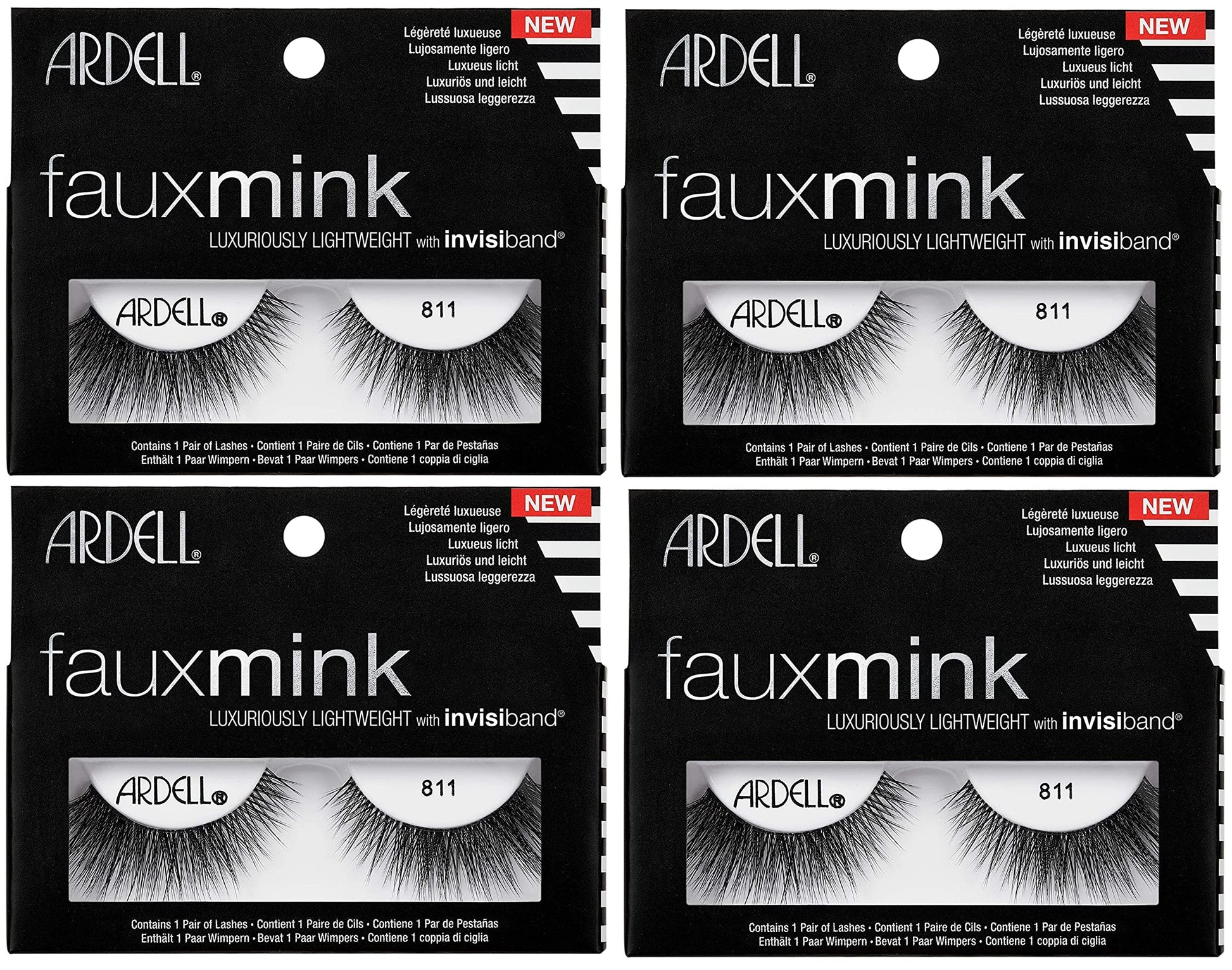 Black Ardell Faux Mink 811 Black False Lashes, Lightweight with Invisiband, 4 Pairs