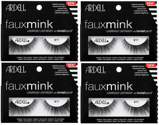 Black Ardell Faux Mink 811 Black False Lashes, Lightweight with Invisiband, 4 Pairs