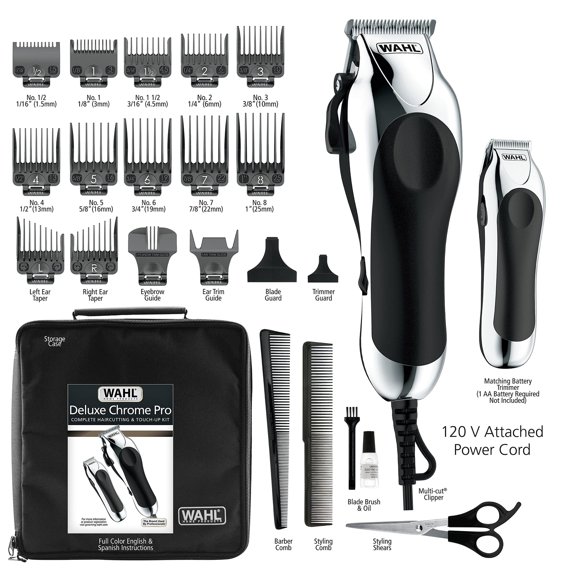 White Smoke Wahl Clipper USA Deluxe Corded Chrome Pro, Complete Hair and Trimming Kit, Includes Corded Clipper, Cordless Battery Trimmer, and Styling Shears, for a Cut Every Time - Model 3029682