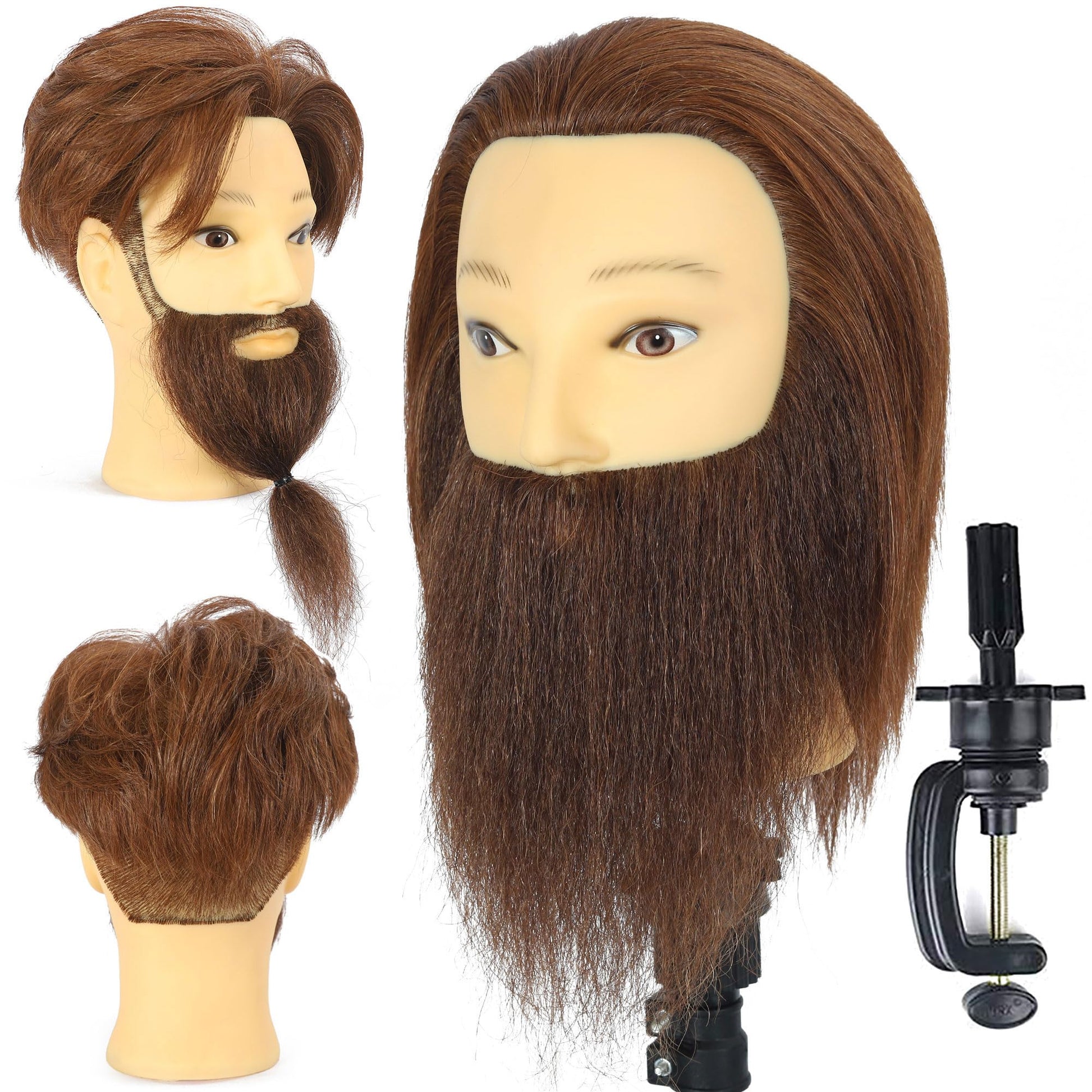 White Smoke TKIMHEQ Male Mannequin Head with Beard 100% Human Hair Haircut Training Head for Cosmetology Straight Thick Hair Manikin Head Doll Head with Stand Practice Cutting Styling (6 Inches Beard Brown#)