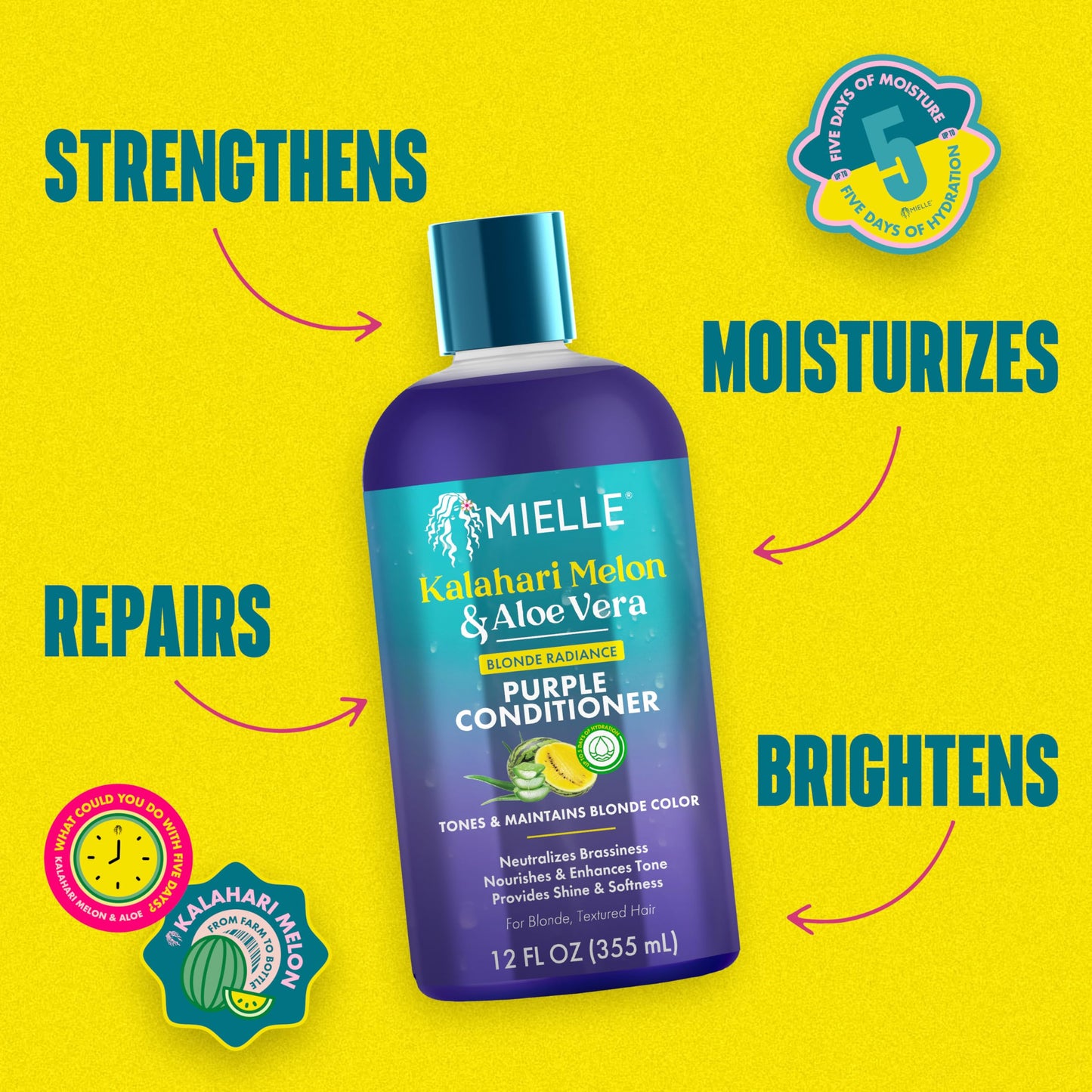Gold Mielle Kalahari Melon & Aloe Vera Purple Conditioner, Blonde Radiance Toning Conditioner for Brassy Hair, Moisturizing & Color-Safe for Blonde & Textured Hair, Sulfate-Free, 12 Ounce