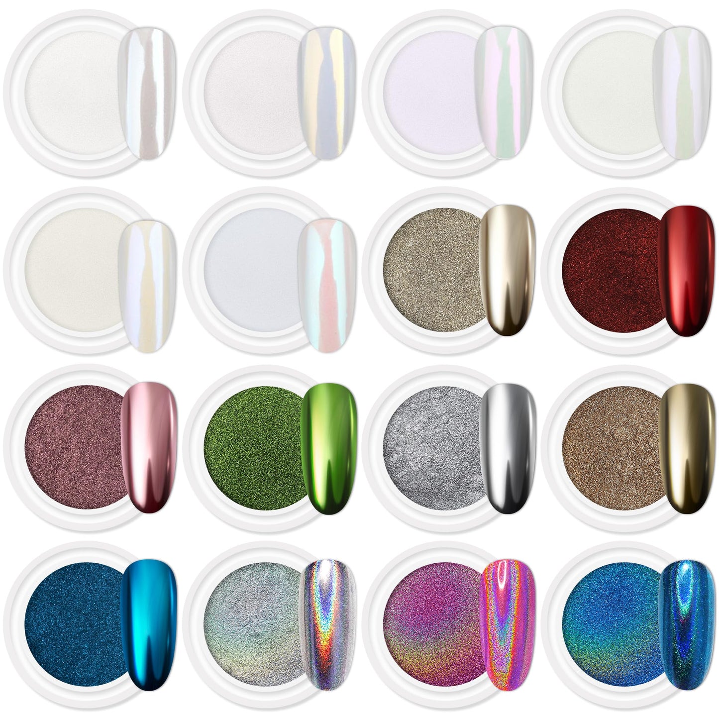 White Smoke Artdone 16Jars Chrome Nail Powder Magic White Pearl Kit Mirror Effect Silver Metallic Holographic Dip Nail Powder for Resin Craft & Nail Art Fimo, Decoration Iridescent Aurora Mermaid Pigment