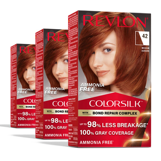White Smoke Revlon ColorSilk with Bond Repair Complex, Auburn Permanent Hair Color, 100% Gray Coverage, Ammonia Free Hair Dye, Vegan Keratin, 42 Medium Auburn (Pack of 3)