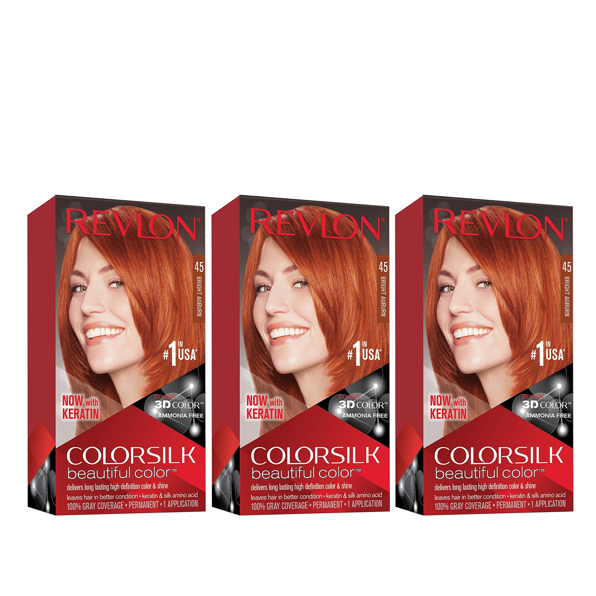 Brown Revlon Permanent Hair Color, Permanent Hair Dye, Colorsilk with 100% Gray Coverage, Ammonia-Free, Keratin and Amino Acids, 45 Bright Auburn, 4.4 Oz (Pack of 3)