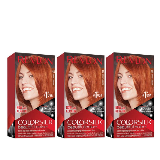 Brown Revlon Permanent Hair Color, Permanent Hair Dye, Colorsilk with 100% Gray Coverage, Ammonia-Free, Keratin and Amino Acids, 45 Bright Auburn, 4.4 Oz (Pack of 3)