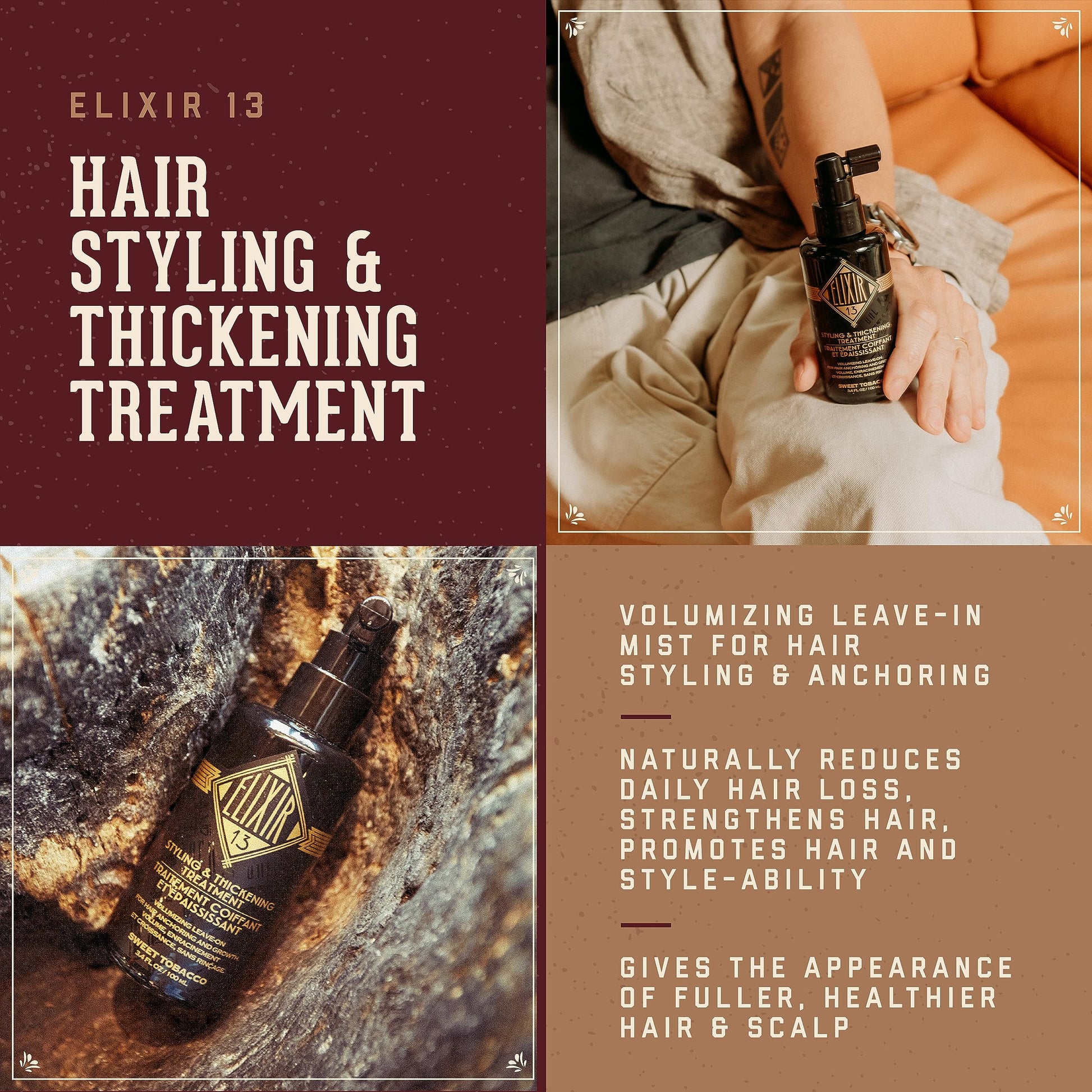 Sienna 18.21 Man Made Elixir 13 Men's Styling and Thickening Treatment for Hair, Original Sweet Tobacco Volumizing Leave-on, 3.4oz