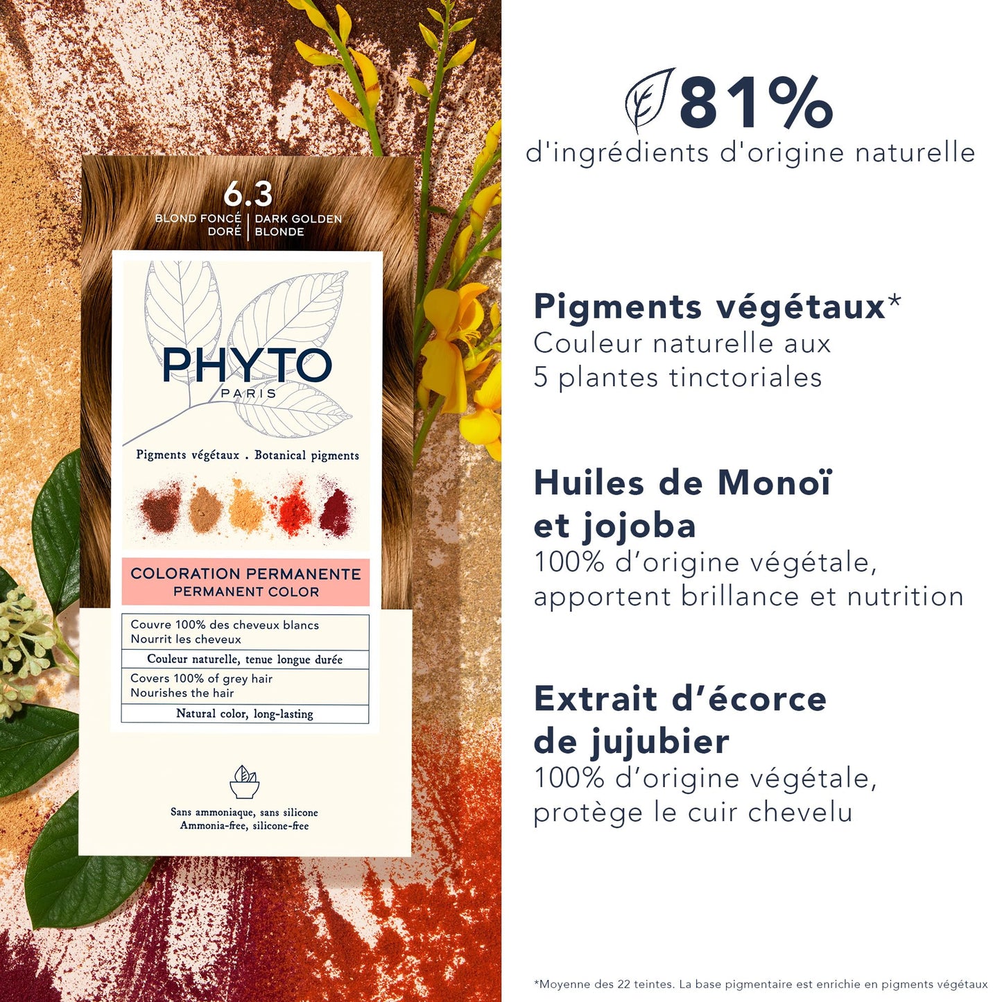 White Smoke PHYTO Phytocolor Permanent Hair Color, 6.3 Dark Golden Blonde, with Botanical Pigments, 100% Grey Hair Coverage, Ammonia-free, PPD-free, Resorcin-free, 0.42 oz.