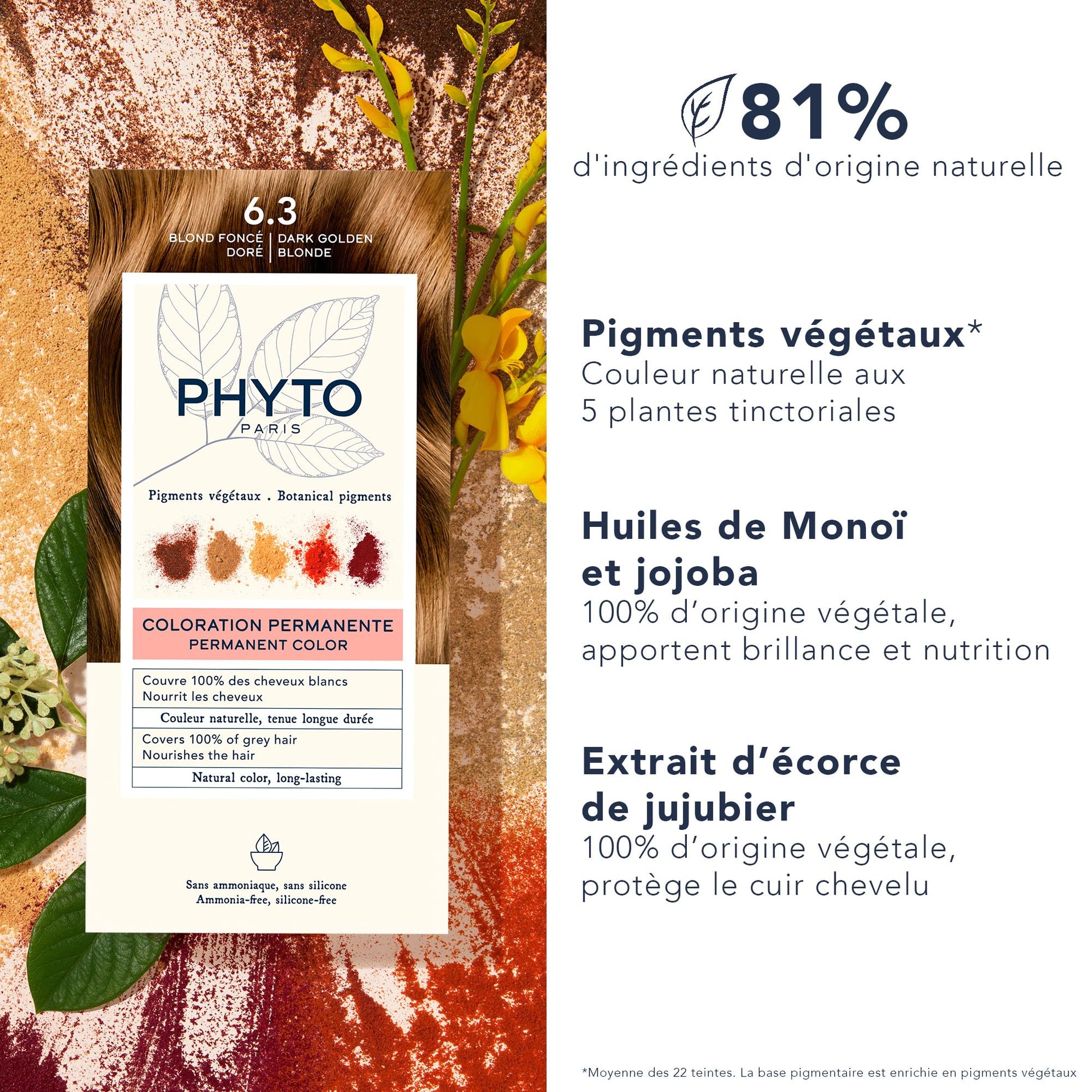 White Smoke PHYTO Phytocolor Permanent Hair Color, 6.3 Dark Golden Blonde, with Botanical Pigments, 100% Grey Hair Coverage, Ammonia-free, PPD-free, Resorcin-free, 0.42 oz.