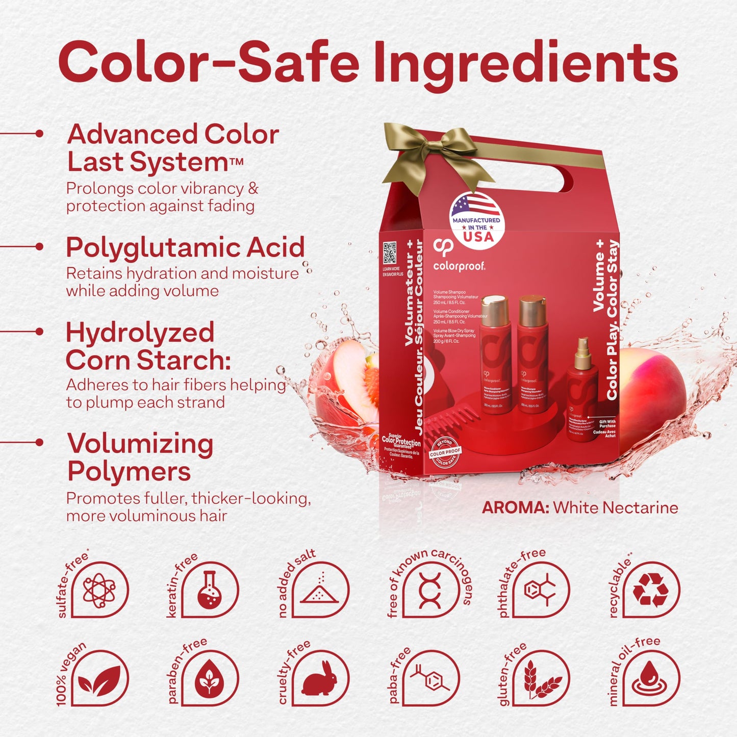 Misty Rose Colorproof Volume Holiday Gift Set — Volume Shampoo (8.5 Fl. Oz.), Volume Conditioner (8.5 Fl. Oz.), and Volume Blow Dry Spray Primer (6 Fl. Oz.) — White Nectarine Scent