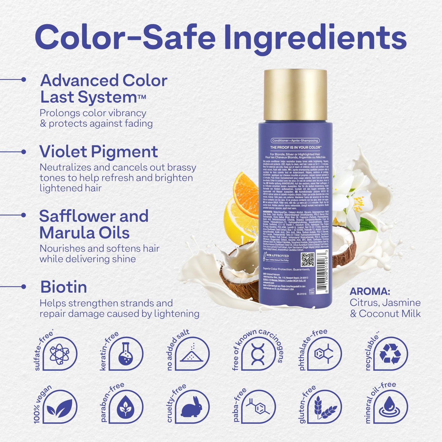 White Smoke Colorproof Daily Blonde Conditioner 8.5 Fl. Oz. Purple Conditioner for Blonde Hair with Citrus, Jasmine & Coconut Milk Scent, Sulfate Free Conditioner for Detangling and Toning