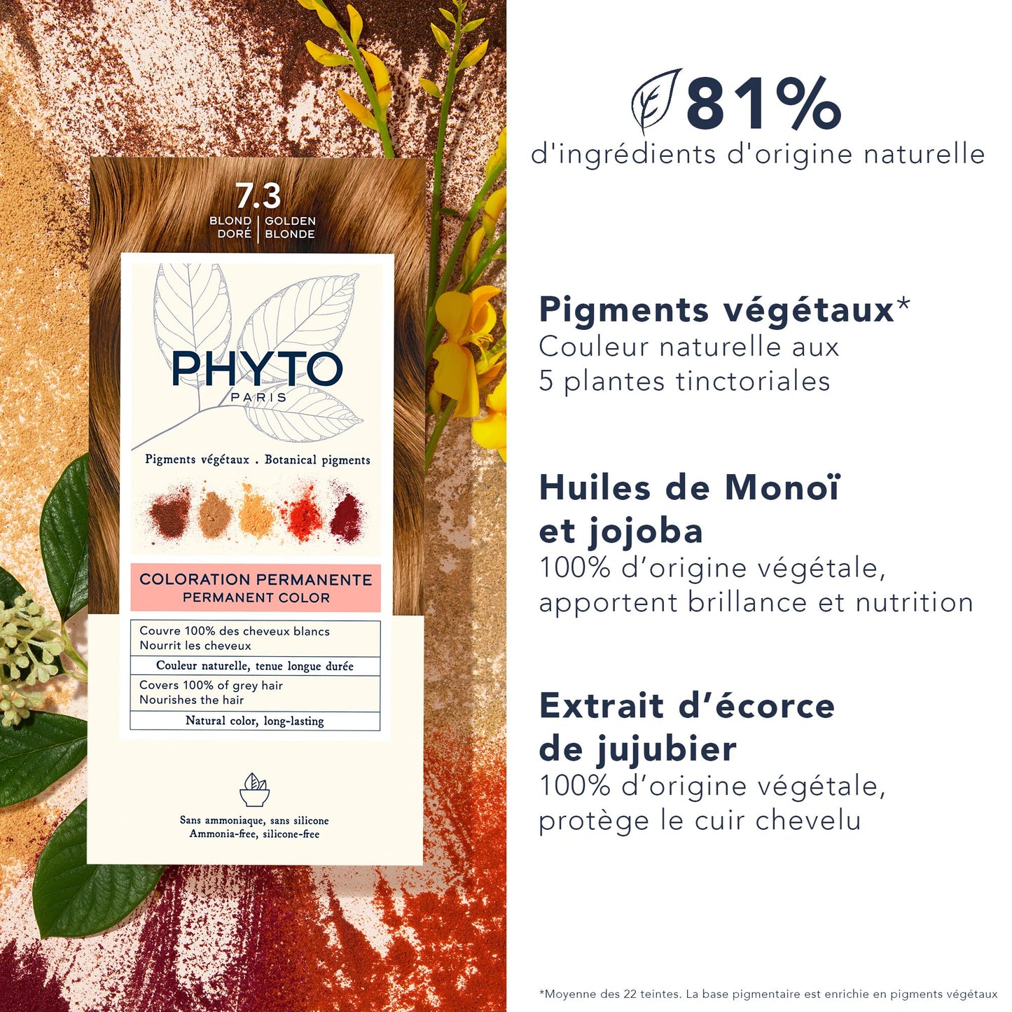 White Smoke PHYTO Phytocolor Permanent Hair Color, 7.3 Golden Blonde, with Botanical Pigments, 100% Grey Hair Coverage, Ammonia-free, PPD-free, Resorcin-free, 0.42 oz.